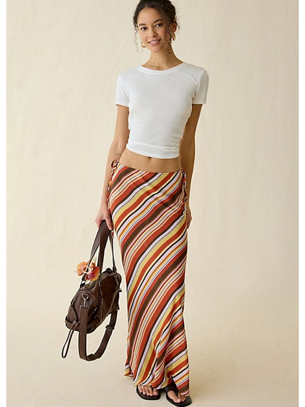 Striped Tie-Side Maxi Skirt with cut out on sides  in Multi-Color
